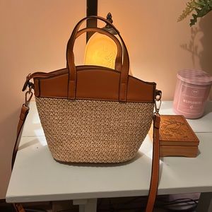 Isabelle Rattan Straw Double Top Handle Satchel Crossbody